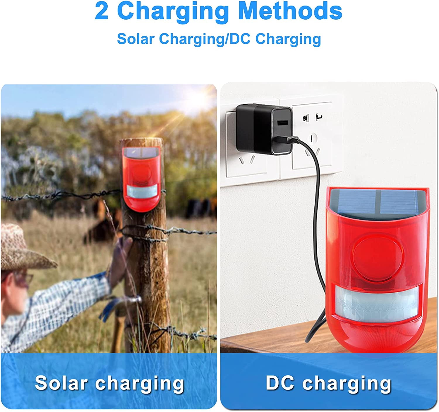 Dedaqian Solar Sound & Light Alarm Outdoor Motion Sensor 129dB Siren Sound Alert & 6LEDs Flash Warning Security Alarm System 2 Pack