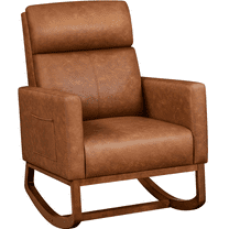 Renwick Modern Faux Leather Rocking Chair with Rubberwood Legs for Living Room, Brown