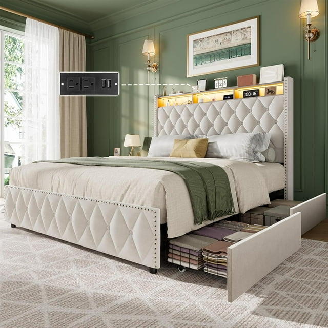 Queen Bed Frame with 50.8 in Tall Headboard, Platform Velvet Upholstered Bed Frame with 4 Storage Drawers, USB Charging Station, Led Lights, No Box Spring Needed, Easy Assembly, Beige