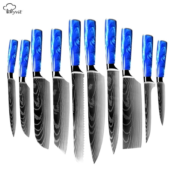 10-Piece Kitchen Knives Set Japanese Chef knife 7CR17 Damascus Laser Pattern Santoku Cleaver Slicing Utility Knives with Blue Resin Handle