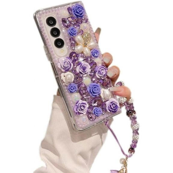 for Samsung Galaxy Z Fold 5 5G Case,Luxury Crystal Rhinestone Flowers Glitter Diamond Pearl Cover Case with Flower Strap for Galaxy Z Fold 5 for Girls Women