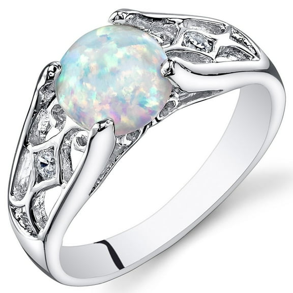 PEORA Created White Fire Opal Ring for Women 925 Sterling Silver, Venetian Vintage Design, 1.25 Carats Round Shape 7mm, Size 9