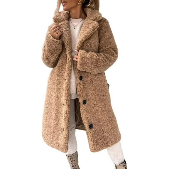 Womens Winter Clothes 2022 Fuzzy Fleece Lapel Open Front Long Cardigan Coat Faux Fur Warm Winter Outwear Jackets Style A#button Khaki Medium