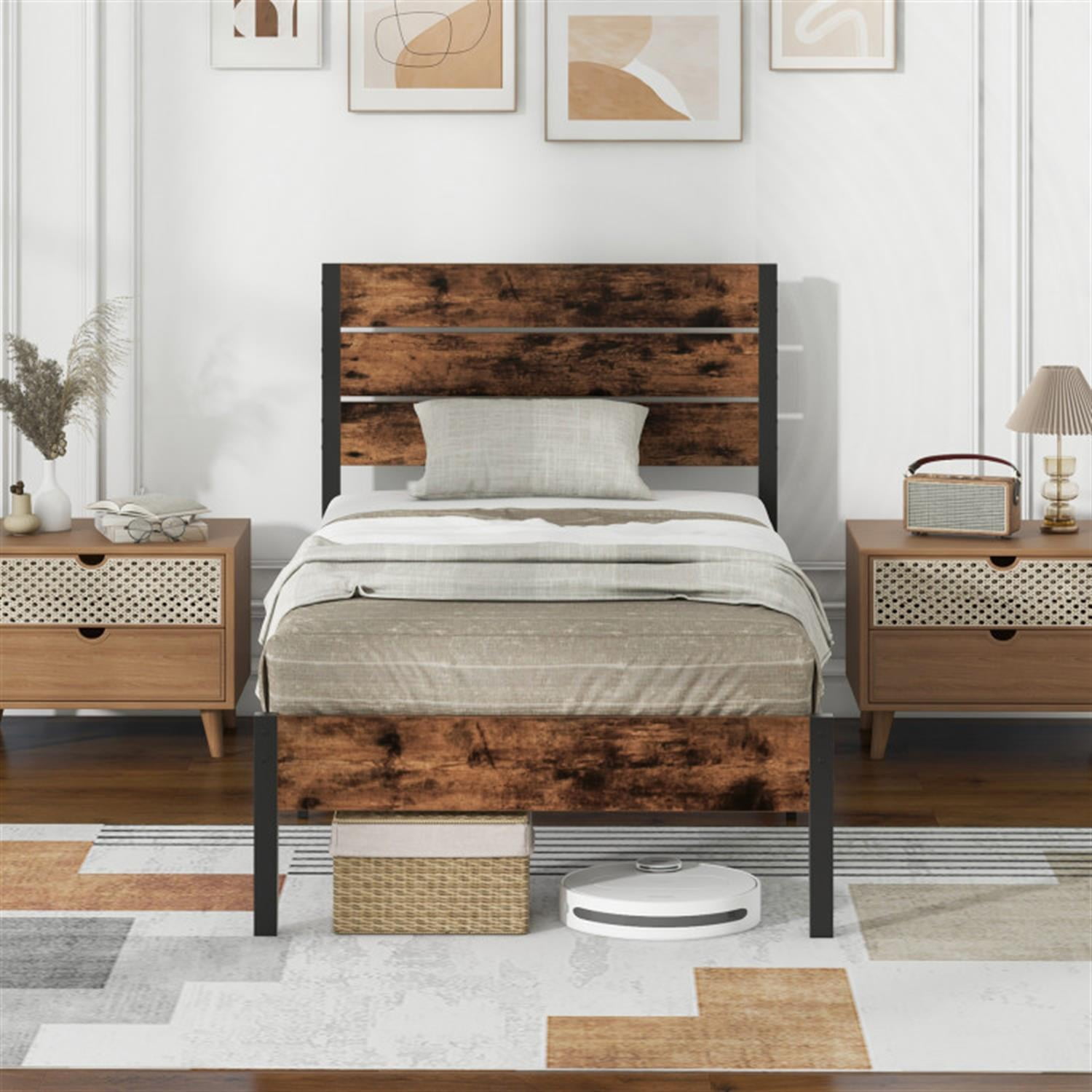 Demi Bonn Twin Size Bed Frame with High Headboard and Mute Bar, Industrial Metal Platform Bed Frame with Under Bed Storage, No Box Spring Needed, Brown