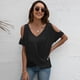 thumbnail image 4 of Camiseta básica de manga larga con hombros descubiertos para mujer, camisetas, dobladillo cruzado (negro), 4 of 6