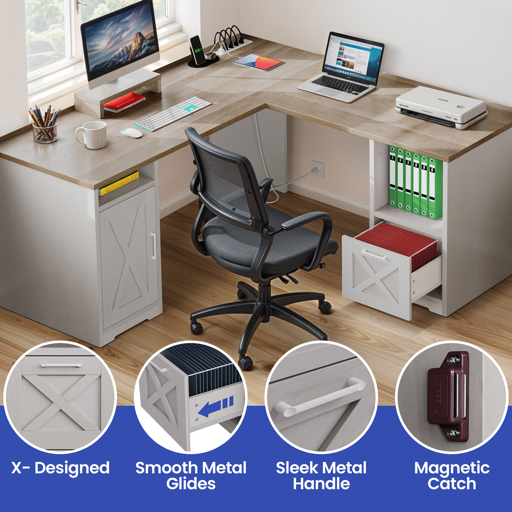 ModFusion 59 Inch L Shaped Corner Computer Desk with Power Outlets & USB Ports, Office Desk with File Drawer, Monitor Stand & Storage Shelves, Gray Wash
