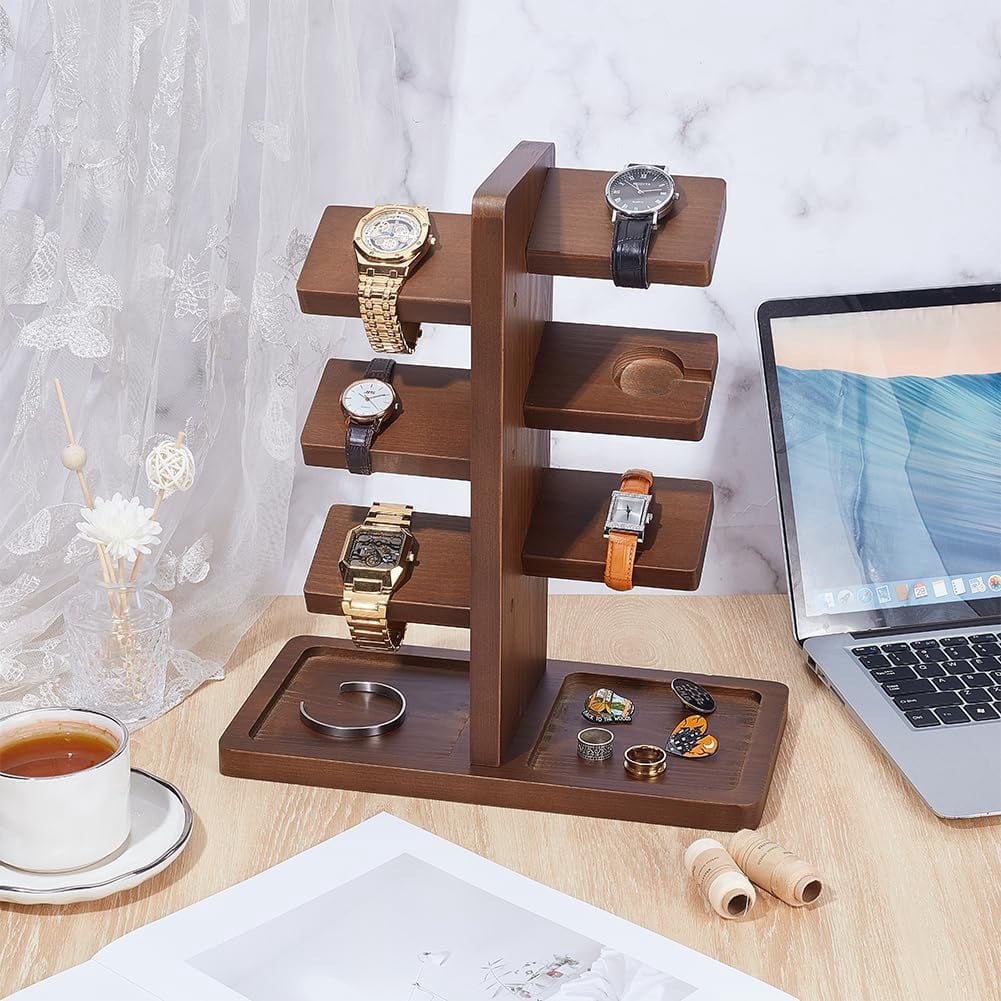 Wooden Watch Holder Stand with Charging Station Coconut Brown Watch Display Tower Jewelry Organizer for Rings Coins Bracelets Necklaces Great Father's Day Gift for Men for DIY