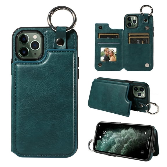 Nalacover for iPhone 11 Pro Wallet Case with Card Slots & Metal Finger Ring, Durable PU Leather Back Double Magnetic Botton Flip Kickstand Purse Shockproof Phone Case,Green