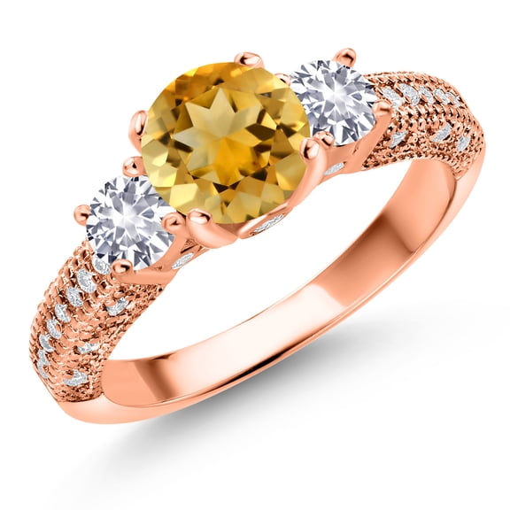 Gem Stone King 18K Rose Gold Plated Silver Yellow Citrine White Created Sapphire and White Moissanite Engagement Ring for Women (1.88 Cttw, Gemstone November Birthstone, Round 7MM and 4MM, Size 6)