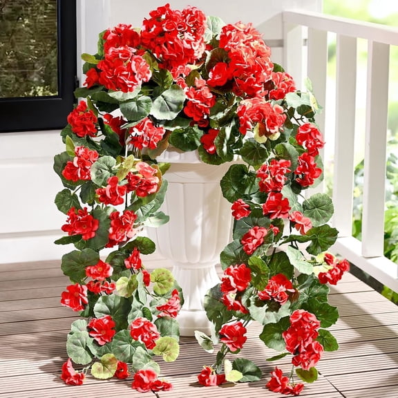 Waipfaru Artificial Hanging Flowers for Outdoors, 2Pcs UV Resistant Faux Silk Geranium Fake Flowers for Garden Porch Window Home Decor(Red)