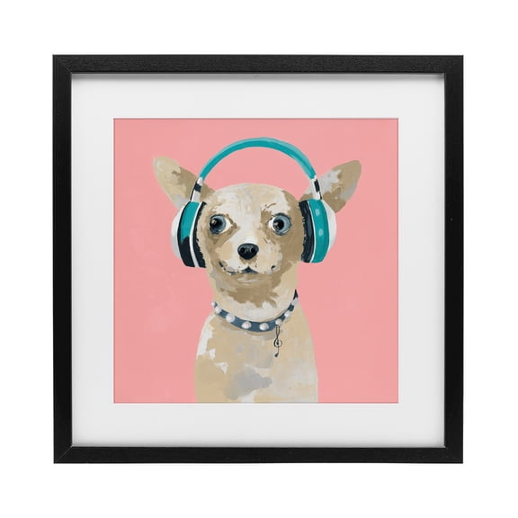 Stupell Industries Cottage Jammin' Pup on Pink Black Framed Print Under Glass, 13 x 13, by Lorenzo Collective
