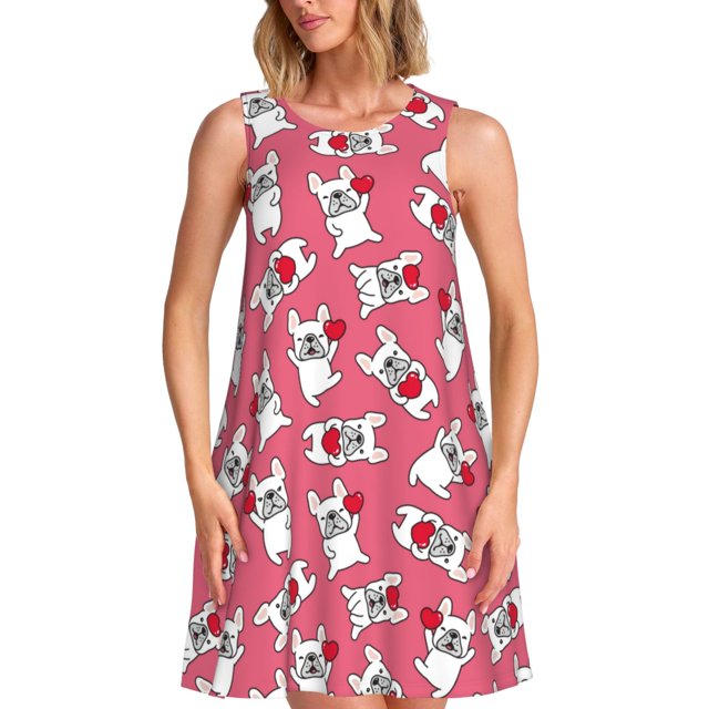 Balery French Bulldog Vestidos de verano para mujer con estampado: vestido holgado sin mangas, vestido playero informal y cómodo para días calurosos.