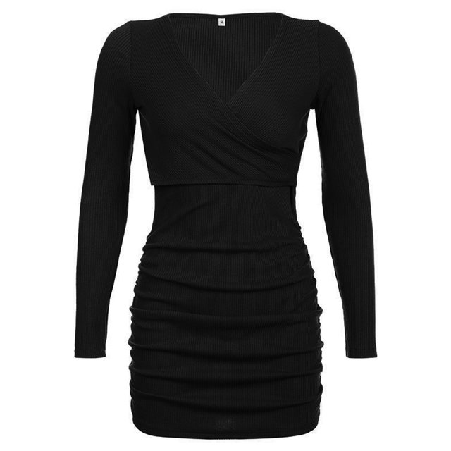 Laklulu Vestido de Manga Larga con Cuello en V Cruzado para Mujer Mini Vestidos de Fiesta de cóctel Fruncidos y Ajustados Elegantes,Negro,L