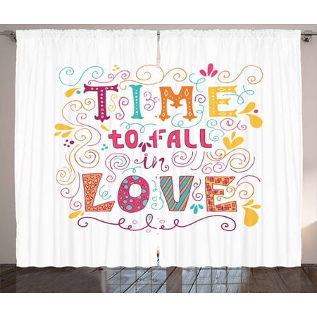 Romantic Curtains 2 Panels Set, Time to Fall in Love Inspirational Valentines Quote with Colors and Floral Design, Window Drapes for Living Room Bedroom, 108W X 108L Inches, Multicolor, by