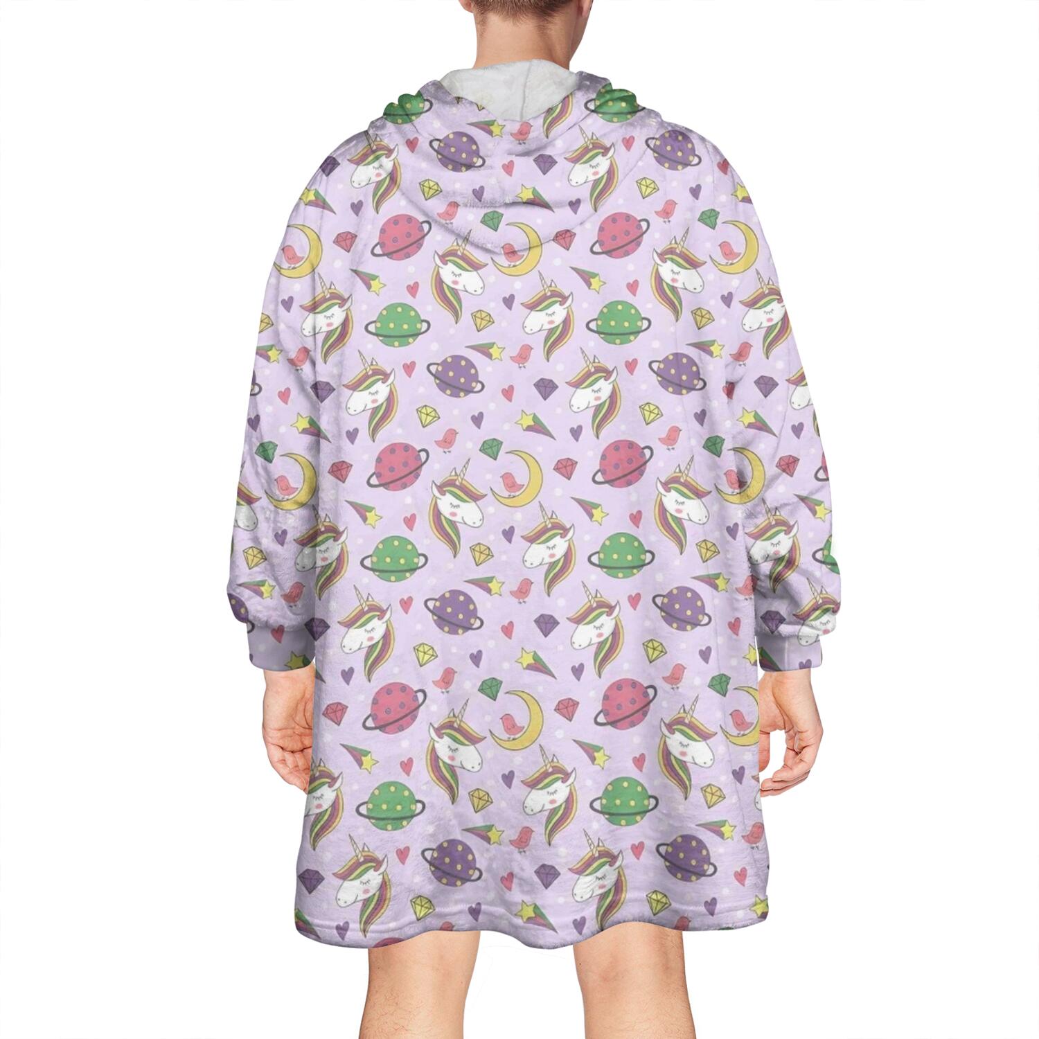 Wearable Oversized Blanket,Purple Cartoon Unicorn Planet Pattern Wearable Blanket Hoodie for Adults,Cozy Hooded Blankets with Super Pockets,Super Warm Fuzzy Pullover for Women & Men