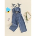 thumbnail image 5 of Yunliwuli Little Girl Sleeveless Denim Jumpsuit Solid Color Tie Shoulder Strap Cut Out Wide Leg Overalls Romper, 5 of 10