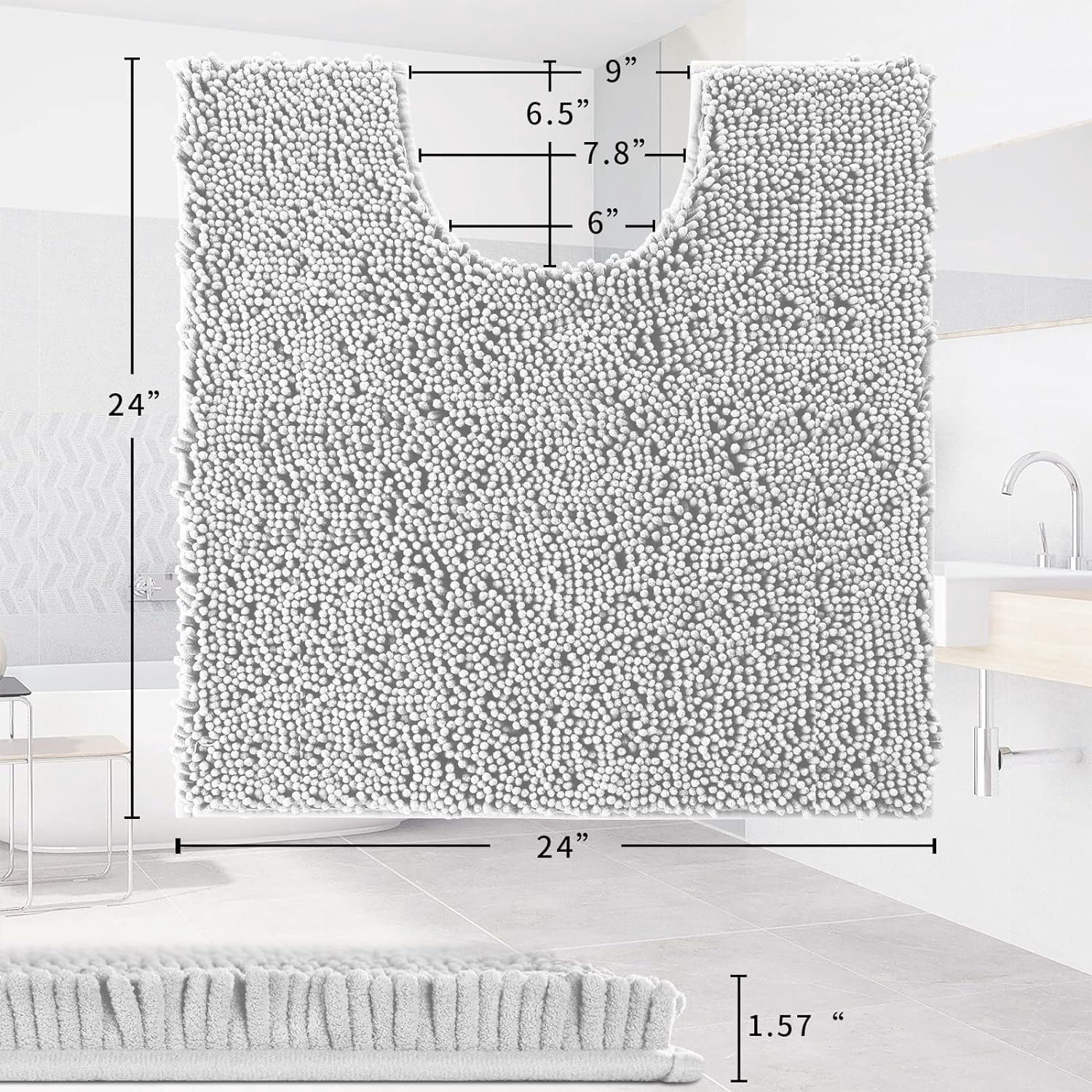 Toilet Rugs U-Shaped 24x24, Extra Soft and Absorbent Microfiber Bathroom Rugs, Non-Slip Plush Shaggy Toilet Bath Mat, Machine Wash Dry, Contour Bath Rugs for Toilet Base, Silver