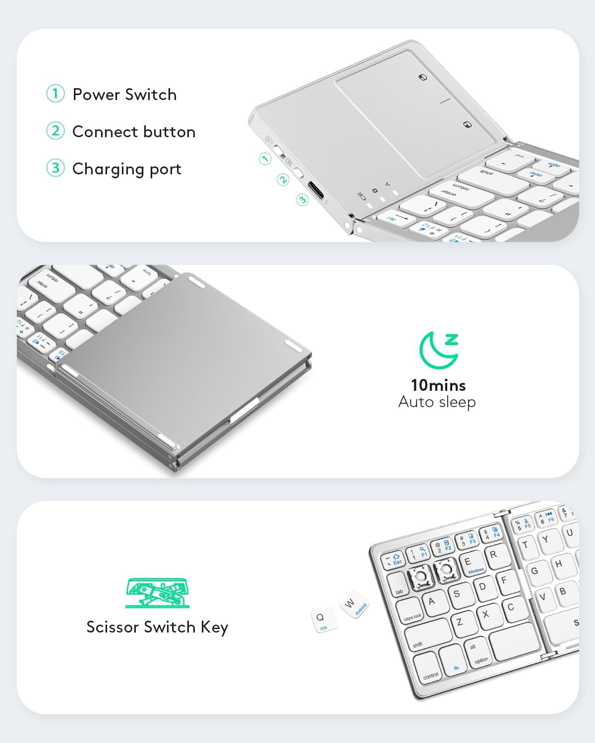 Foldable Bluetooth Keyboard with Touchpad - Portable Wireless Keyboard with Holder, Rechargeable Full Size Ultra Slim Pocket Folding Keyboards for Android Windows iOS Tablet & Laptop - Black