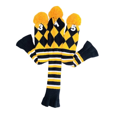 3Pcs Knitted Golf Club Head Cover Head Protection Sleeve Golf Shaft Protector with Number Tags for Woods Driver Fairway for Golfer, Golf Bags Yellow
