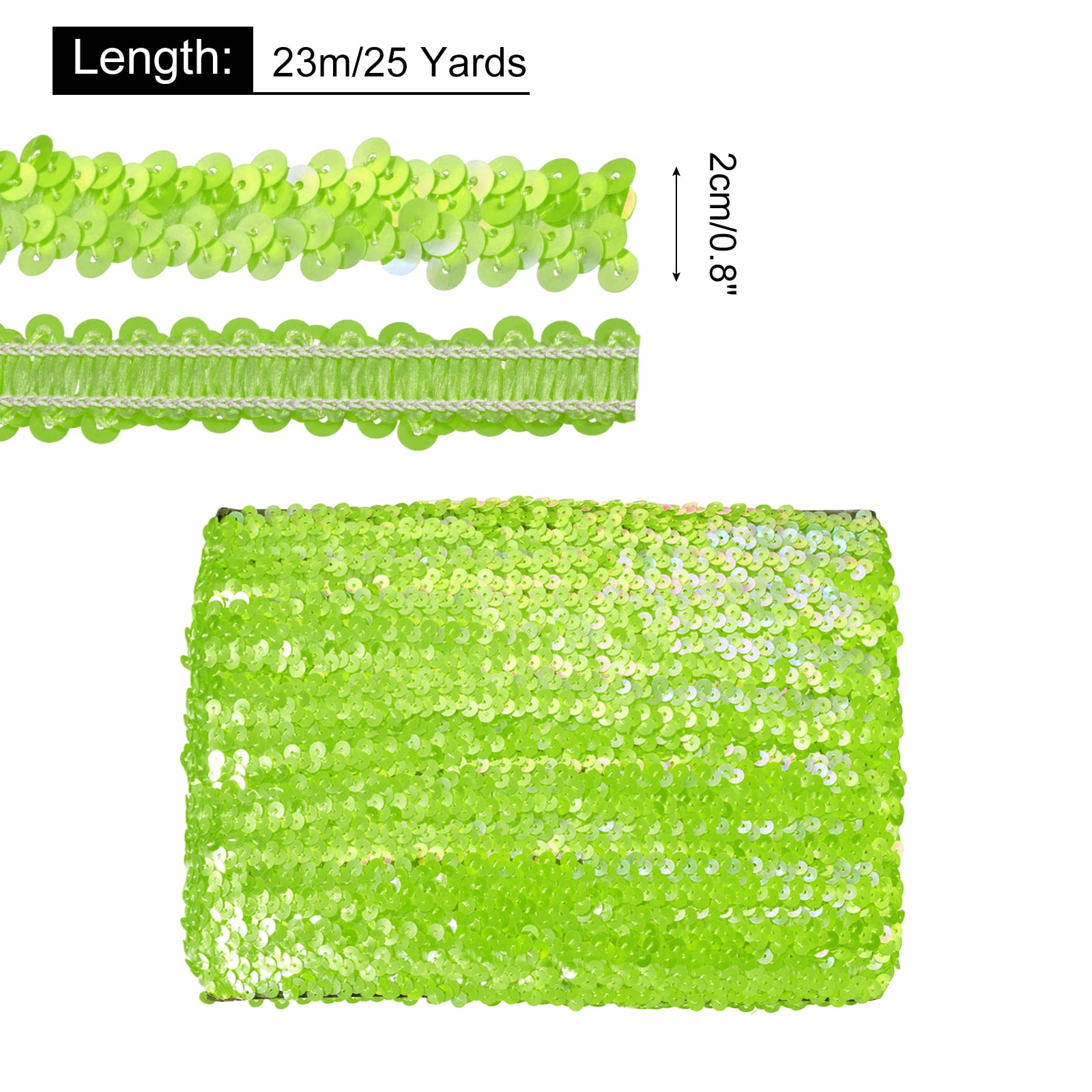 Uxcell 25 Yards 0.8 Inch Elastic Sequins Trim Flat Sequin Strip Paillette Fabric Ribbon for Crafts DIY Fringe Sewing Fluorescent Green