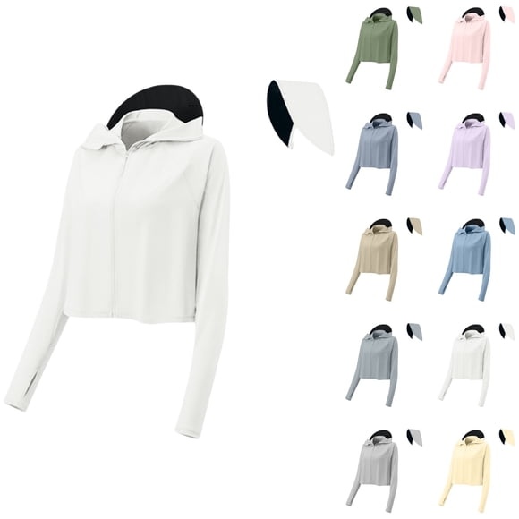 YOUYEDIAN Sun Protection Clothing Women Summer Hiking Light Weight Jacket Athletic UPF 50 UV Protection Zip Up Hoodie Long Sleeve Hooded Shirts (White, One Size)