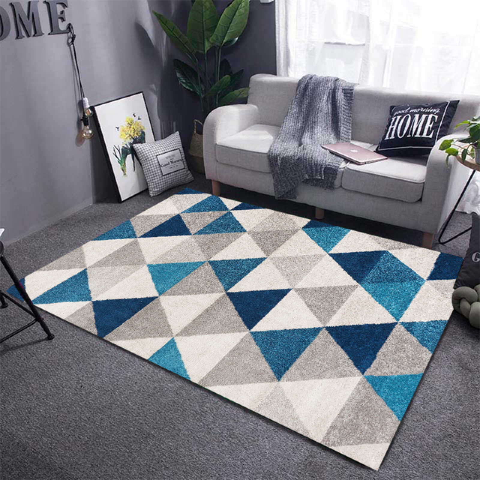 Modern Abstract Geometric Area Rug , NonShedding Blue Grey Floor