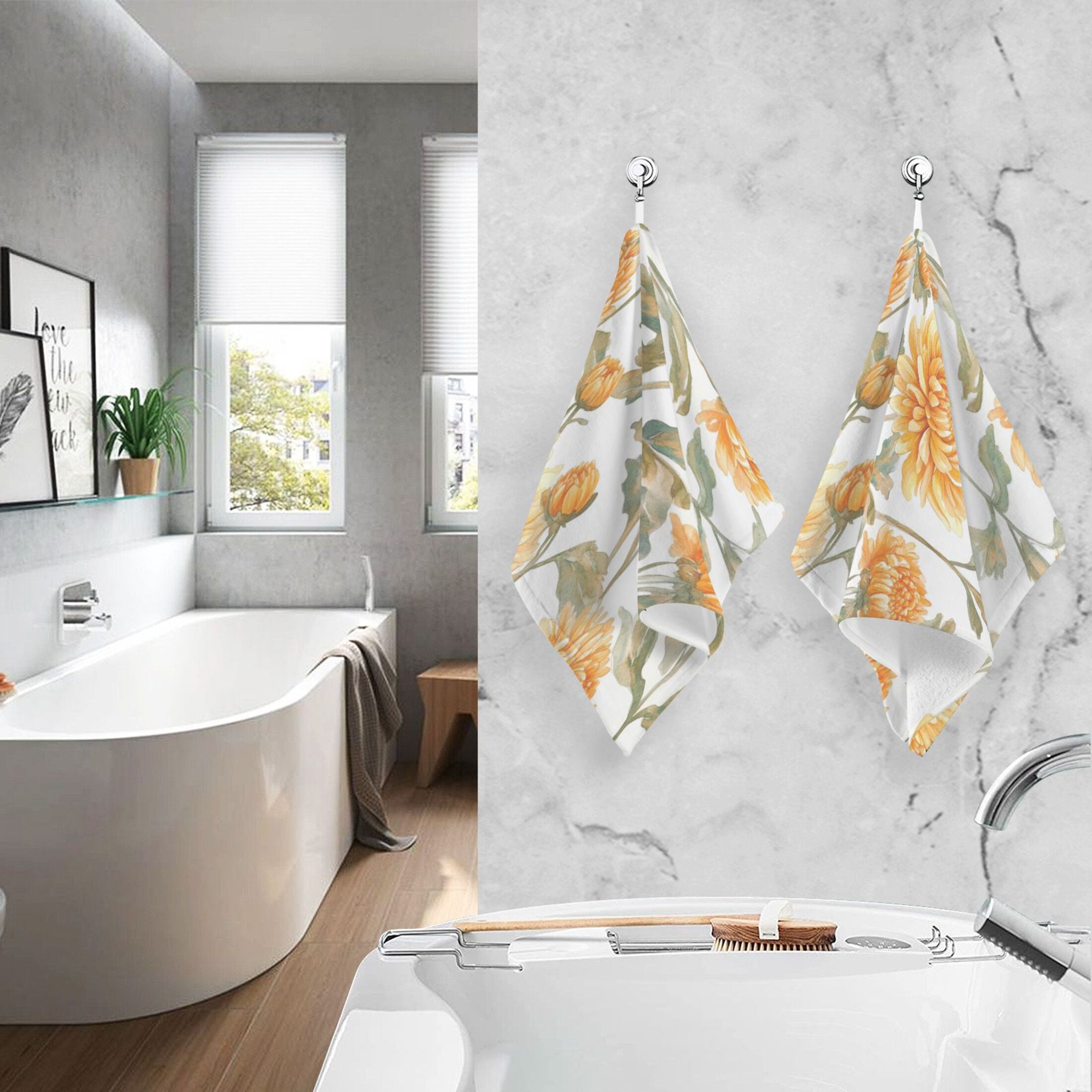 Cotton Towel Two-Piece 16x28 Inch One Sizex2 Face Towel Set Towel Set Cotton Hand Bath Towel Bathroom Beach Chrysanthemums Yellow