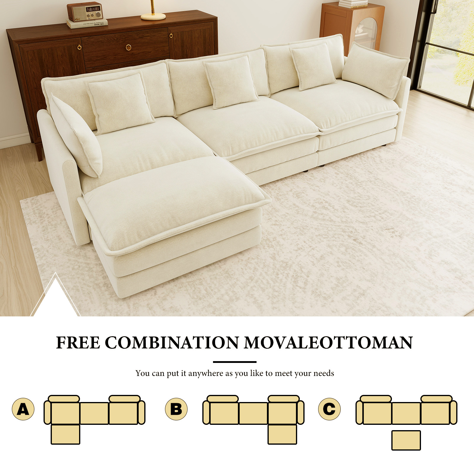 111.5” Beige White Modular Sofa, 3 Seater L Shaped Chenille Sectional for Living Room, Cloud Sectional Couch with Ottoman, Sofá moderno