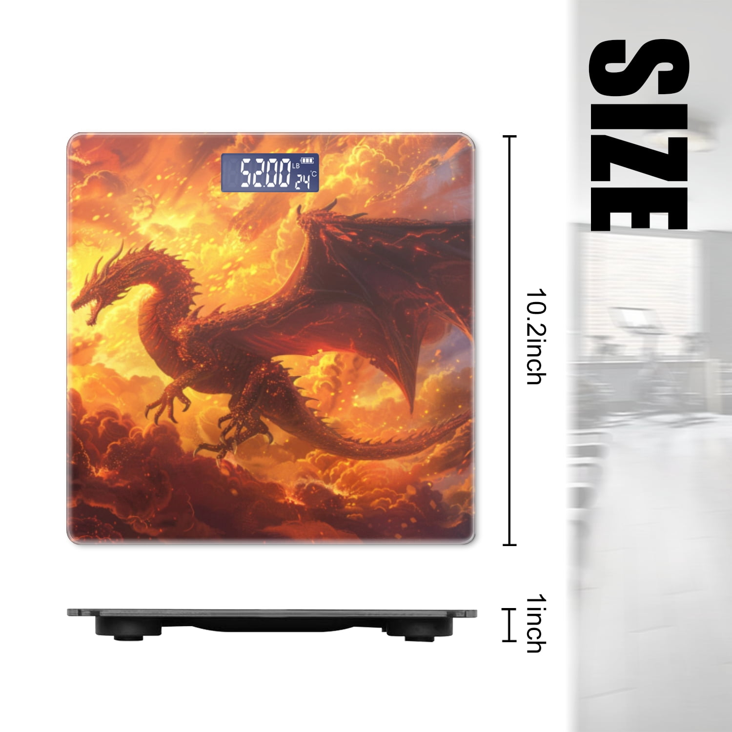 High Precision Body Weight Scale Smart Bathroom Scales with Large LCD Display(400lbs),Decorative for Bedroom-Majestic Dragon Soaring Through The Fiery Skies