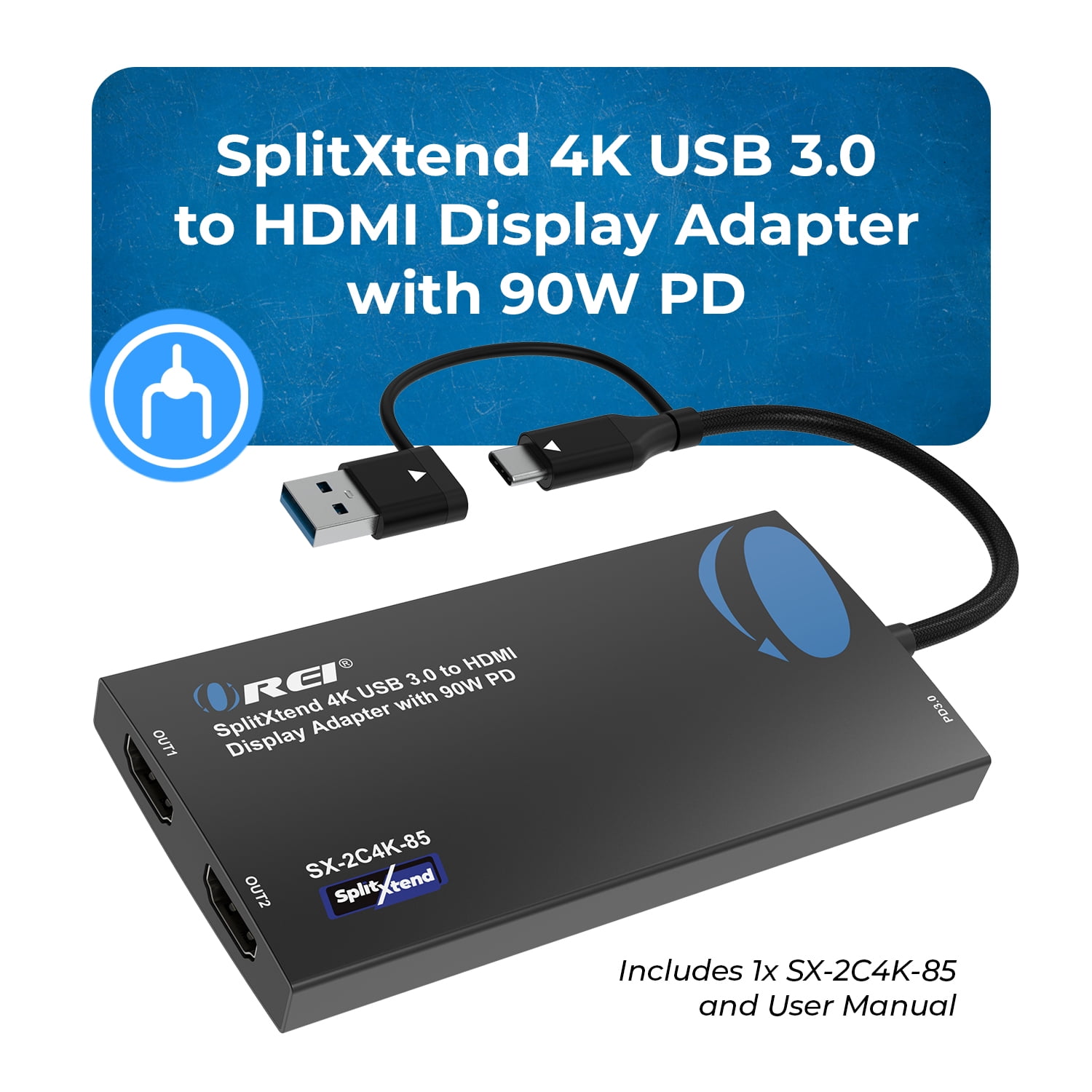 OREI SplitXtend 4K USB 3.0 to HDMI Display Adapter with 90W PD (SX-2C4K-85)