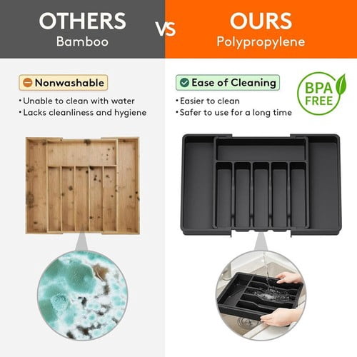 Colourtree Black Utensil Organizer for Kitchen Drawers, Expandable Cooking Utensil Tray, Adjustable Cutlery Silverware Flatware Holder, Plastic Kitchen Spatula Tools and Gadgets Storage Divider