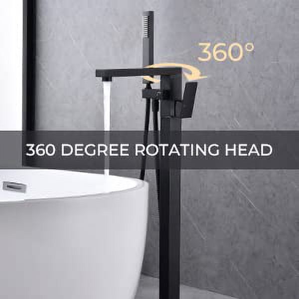Dawot Floor Mount Bathtub Faucet, 2 Function Brass Matte Black Bathroom Freestanding Tub Filler Single Handle with Hand Shower