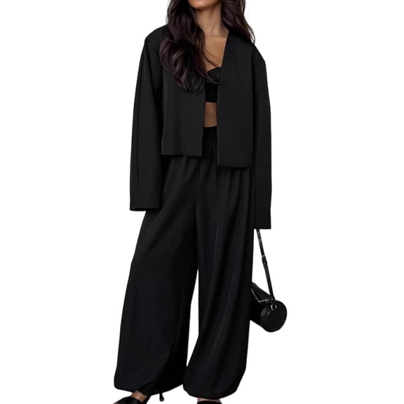 Womens 2 Piece Outfits V-Neck Long Sleeve Tops Wide Leg Long Pants Casual Lounge Set Travel Tracksuit Black S