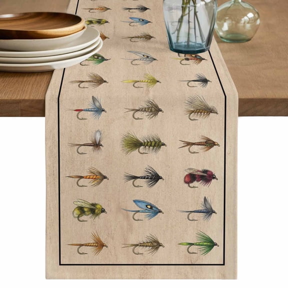 Ocean Fishhooks Cotton Linen Table Runner for Dining Kitchen, Vintage Coastal Fishing Pattern Brown Wedding Outdoor Party Tablerunners Decoration, Dresser Scarf Coffee Tablecloth Runners 13x36 Inches
