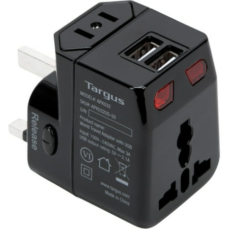 Targus World Travel Power Adapter with Dual USB Charging Ports, for Laptops, black