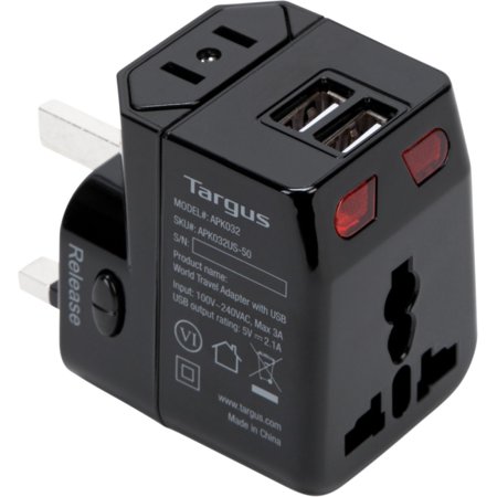 - Targus World Travel Power Adapter with Dual USB Charging Ports, for Laptops, black (APK032US)