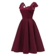 thumbnail image 3 of DeHolifer Women Dresses Lace Floral V-Neck Ruffles Short Sleeve Tight Waist A-Line Cocktail Party Swing Dress Wine L, 3 of 6