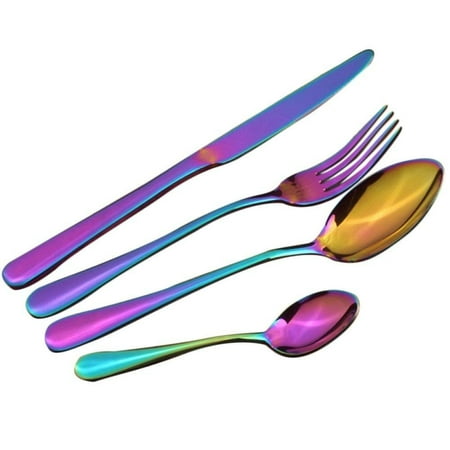 Gold Dinner Flatware Magik 4Pcs Flatware Rainbow Dinnerware Stainless Steel Tableware Set for Dinner Steak Soup Tea Fork Spoon Knife (Mermaid Rainbow, 4) ()