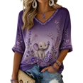 thumbnail image 2 of Women Purple Ribbon Hummingbird Print V Neck 3/4 Sleeve T-Shirt Alzheimer Awareness Floral Casual Loose Fit Blouses, 2 of 4