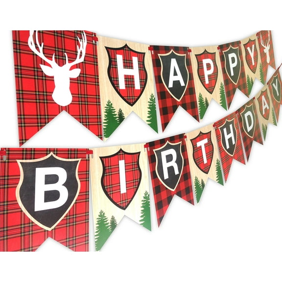 Woodland Reindeer Happy Birthday Banner Pennant Camping Party Banner by POP parties