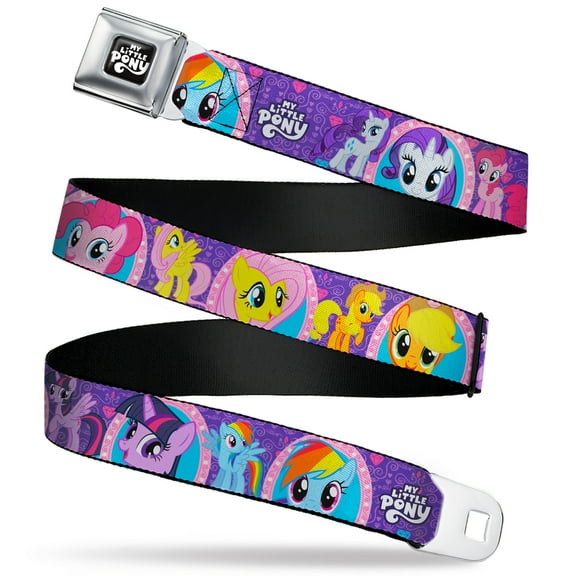 My Little Pony Belt, Seatbelt Buckle Belt, My Little Pony Mane Six Close Up Faces and Poses Purple Pink, 30 to 44 Inches