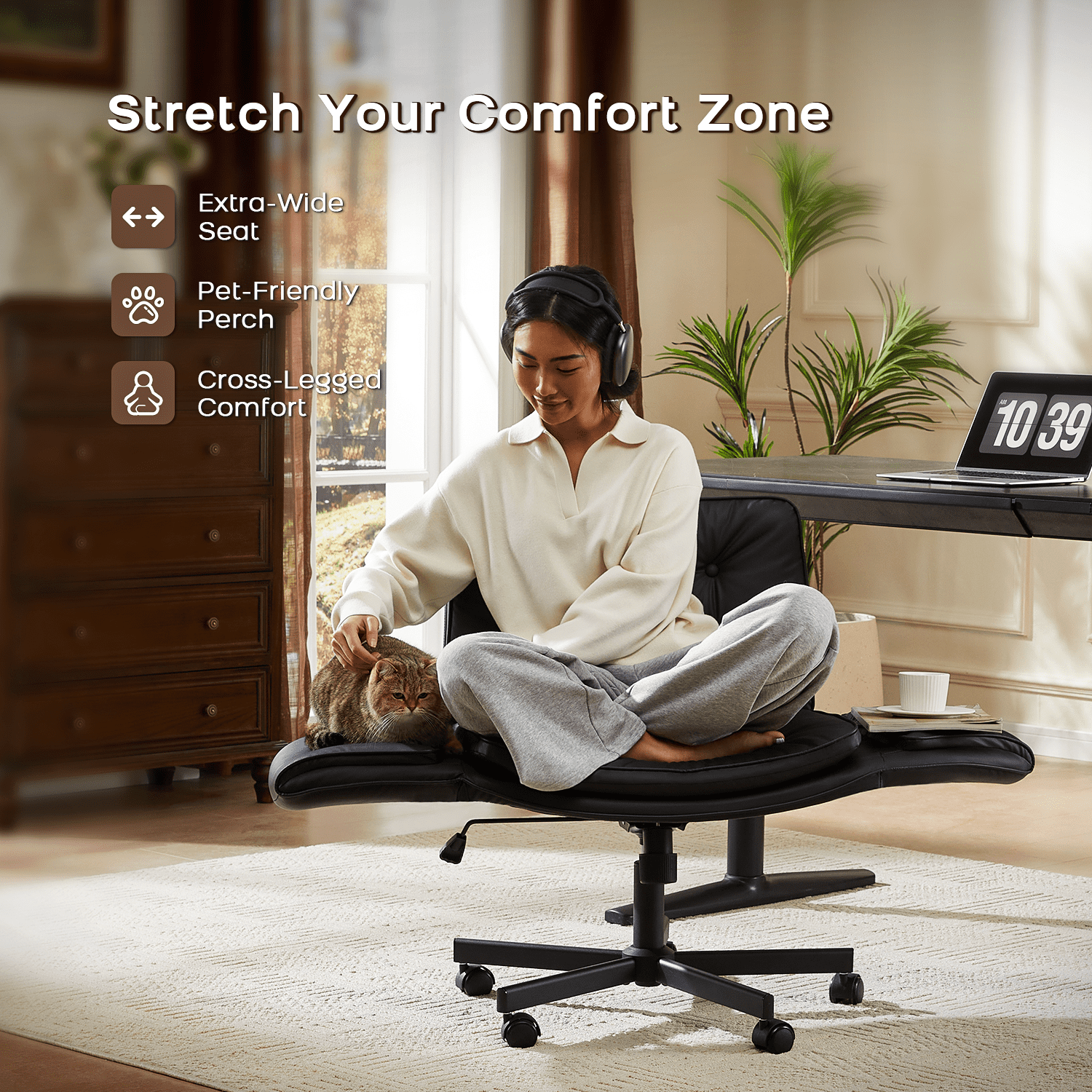 TMV Criss Cross Chair with Wheels & Armrests, Comfy Wide Vanity Chair, PU Leather Cross Legged Desk Chair, Height Adjustable Computer Office Desk Chairs for Home＆Makeup＆Bedroom，Black