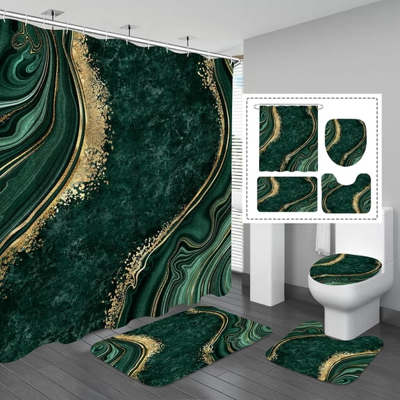 Mybrand Gibelle Marble Shower Curtain with Set with Non-Slip Rugs, Toilet Lid 4 Pcs, Emerald Green