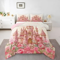Homewish Luxury Princess Castle Queen Comforter Set,Romantic Valentine'S Day Bedding Sets,Pink Flower Floral Bedding Comforter Set For Girrl Kids,Breathable Home Decor Reversible,3 Pieces