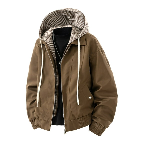 M-4X Plus Size Mens Big & Tall Jackets with Pockets and Hood Zip Up Coats Trendy Fake-Two-Piece Plaid Printed Warm Long Sleeve Outerwear Jacket