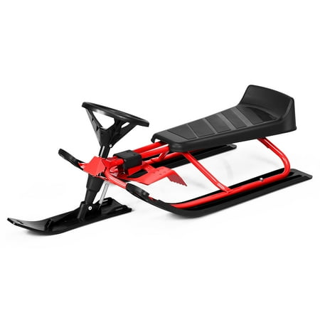 Costway Kids Snow Racer Sled Steering Wheel Double Brakes Pull Rope Red