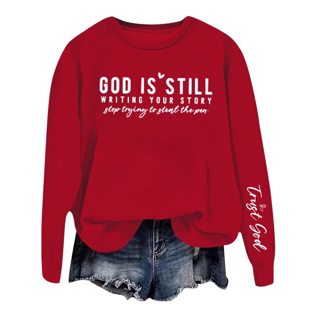 Womens Sweaters Basic Fall Pullover Sweatshirt with Letter Print Round Neck Layering Top Comfort Fit Chandail Sport Femme Red XXL
