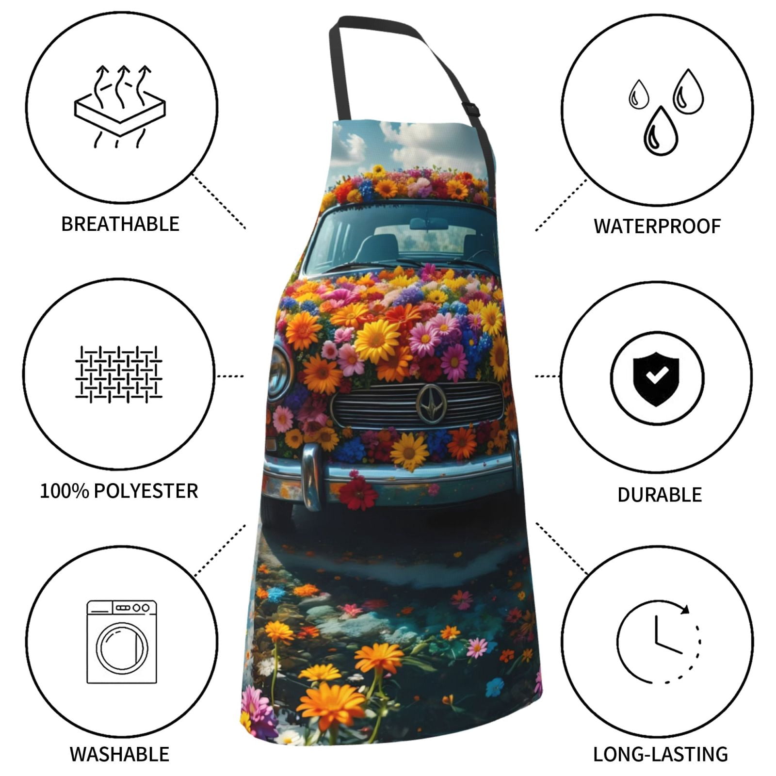 Kdxio Flower Covered Vintage Car Apron with Pockets Adjustable Kitchen Aprons for Men Women Waterproof Aprons for Cooking,Drawing,Crafting, Baking Household Cleaning