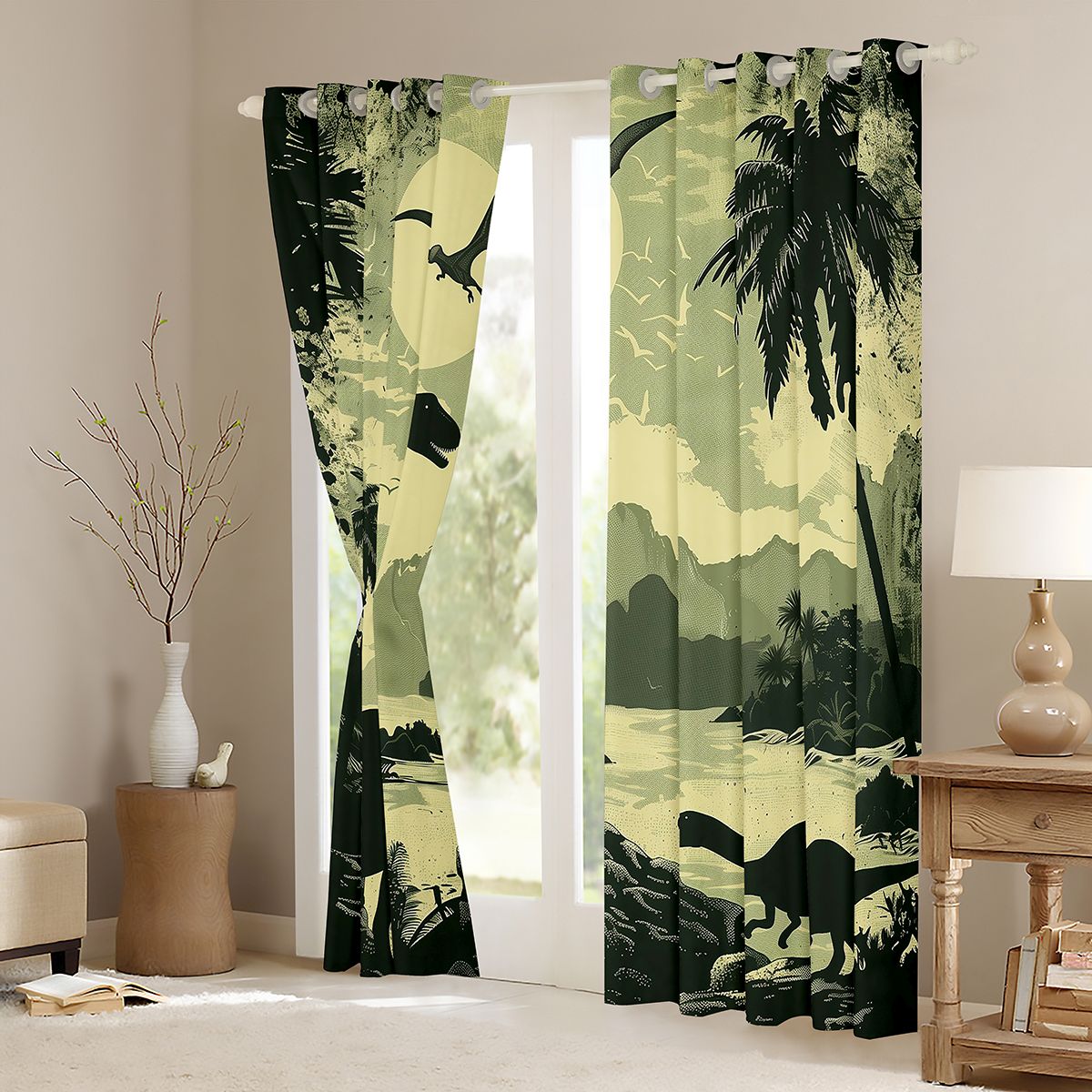Manfei Retro Animal Dinosaur Blackout Curtains Set of 2 (52x84 Each),Hawaii Sea Beach Window Curtains,Tropical Plant Coconut Tree Curtains and Drapes For Teens,Luxury Bedroom Decor
