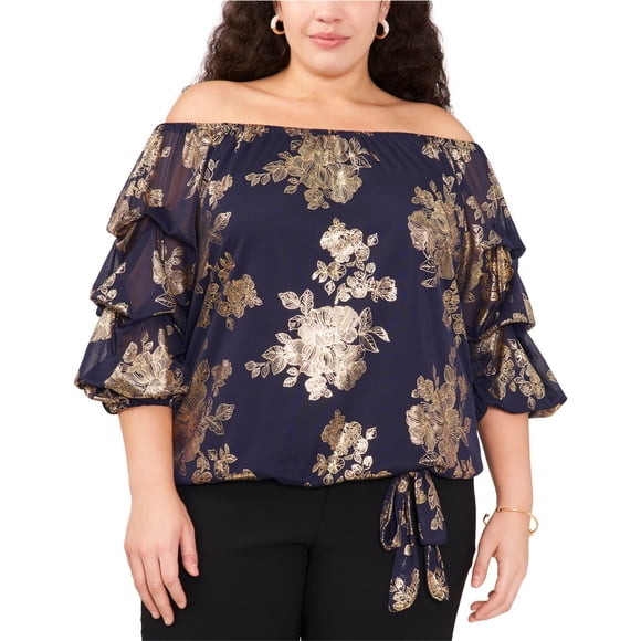 MSK Womens Off Shoulder Puff Sleeve Ruffled Blouse, blue, Plus Size, 1X